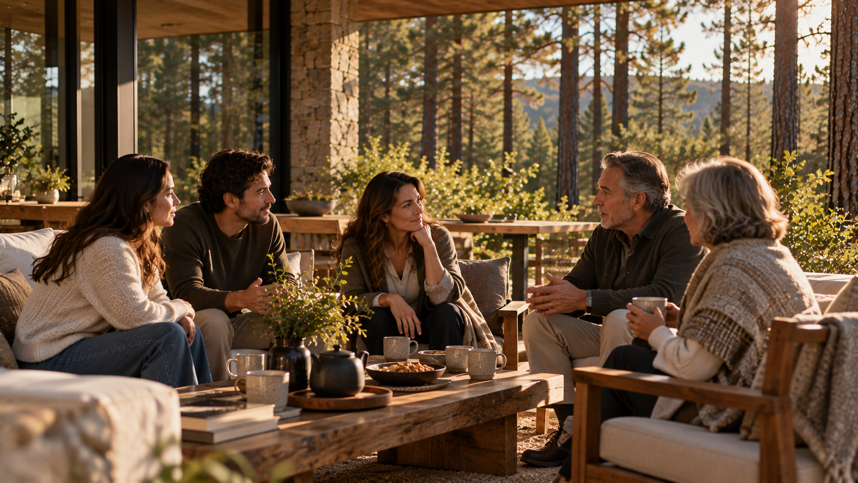 Conversación familiar al atardecer en el bosque