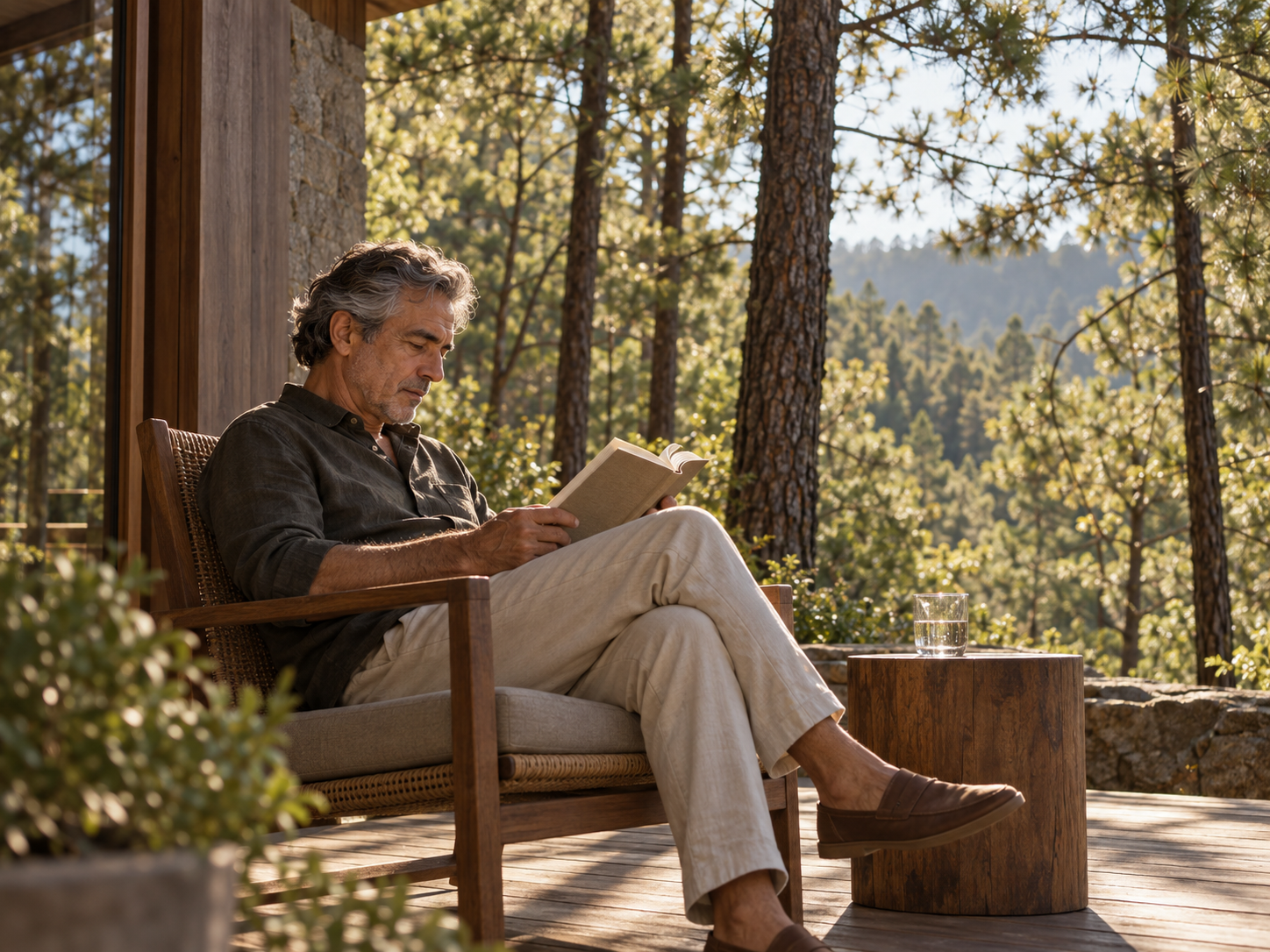 Lectura tranquila en la terraza del bosque
